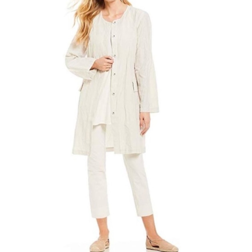Eileen Fisher Rumpled Organic Cotton Steel Metallic Longline Jacket Bone Ecru XL